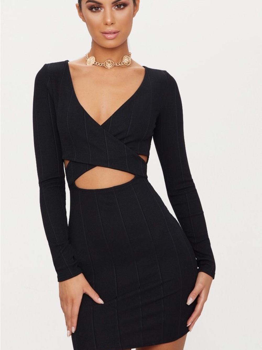 NWT Pretty Little Thing Black Long Sleeve Bandage Cutout Bodycon Dress - size 4